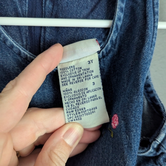 Vintage 3T Denim Cotton Dress With Stitched Pink Flowers. Vintage Denim Dress 3T - Picture 4 of 7